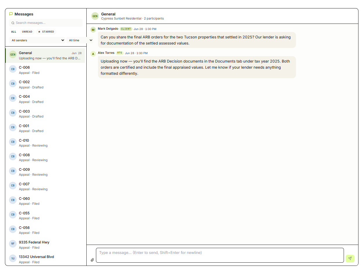 Messages dashboard with counsel
